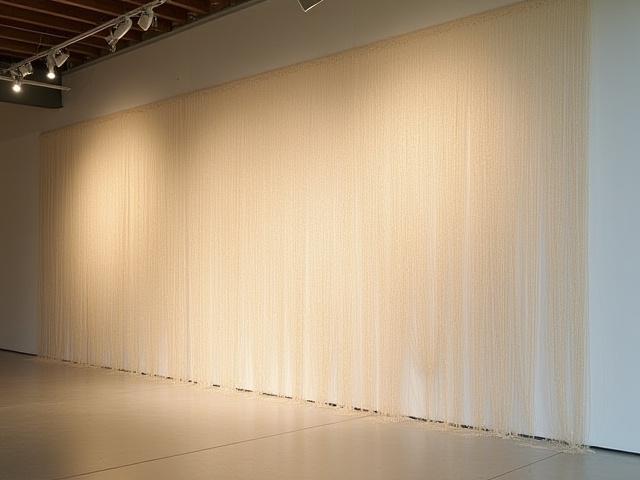 Installation murale textile contemporaine jouant avec la lumière et l'ombre.